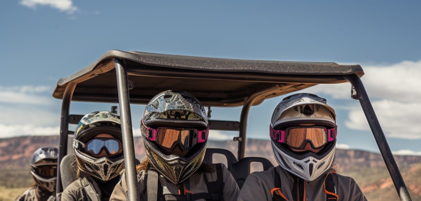 a group of 4-seater UTV riders wearing protective gear while riding through an off-road setting