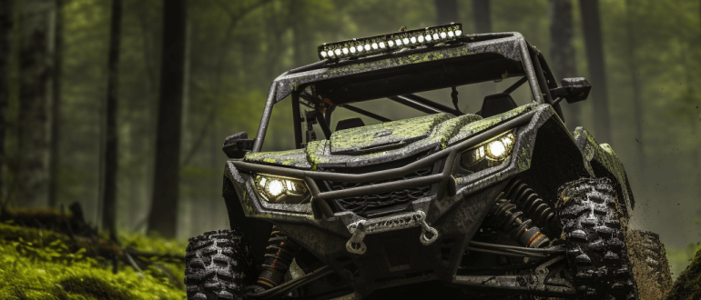 A green 4-seater UTV driving over rough terrain in a forest