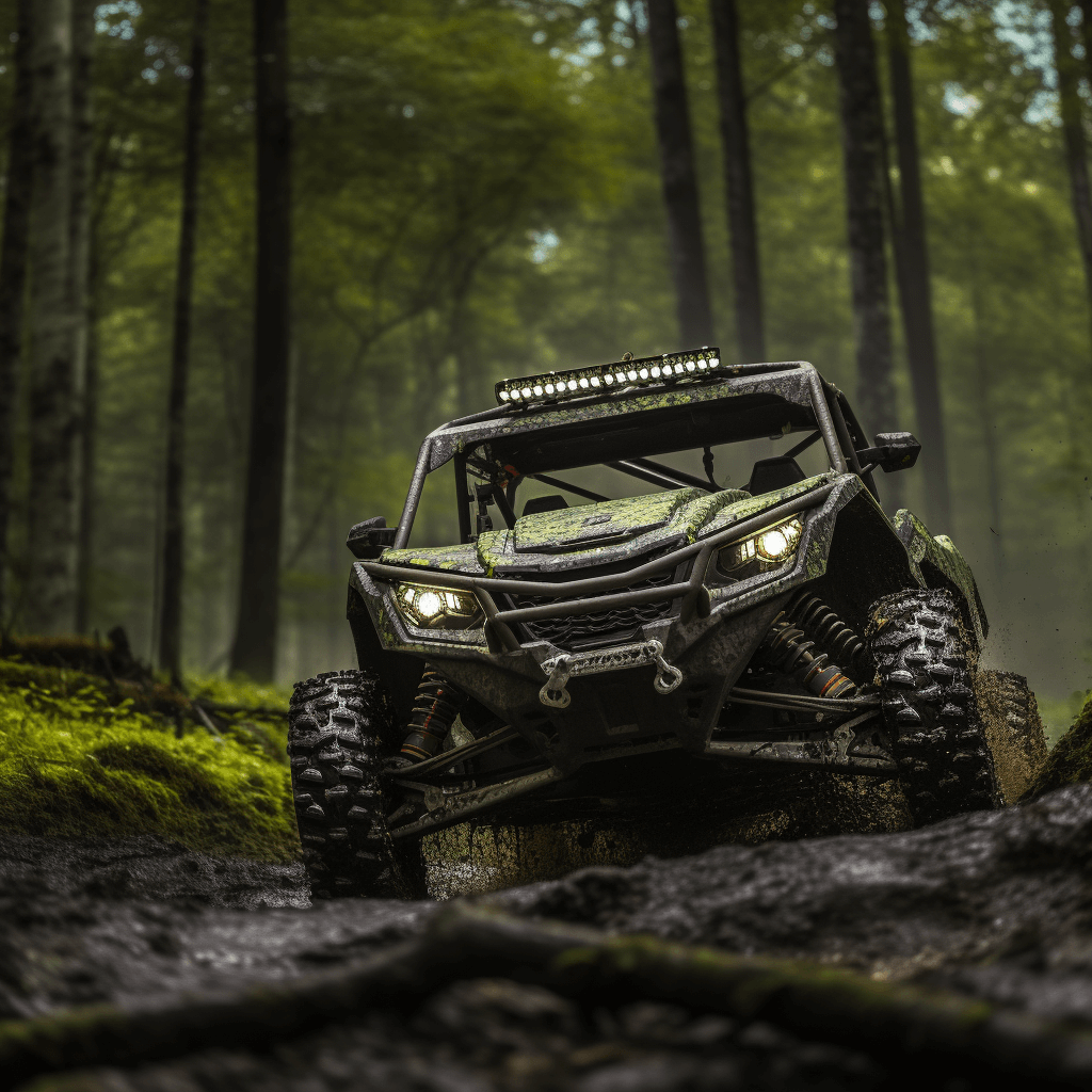 A green 4-seater UTV driving over rough terrain in a forest