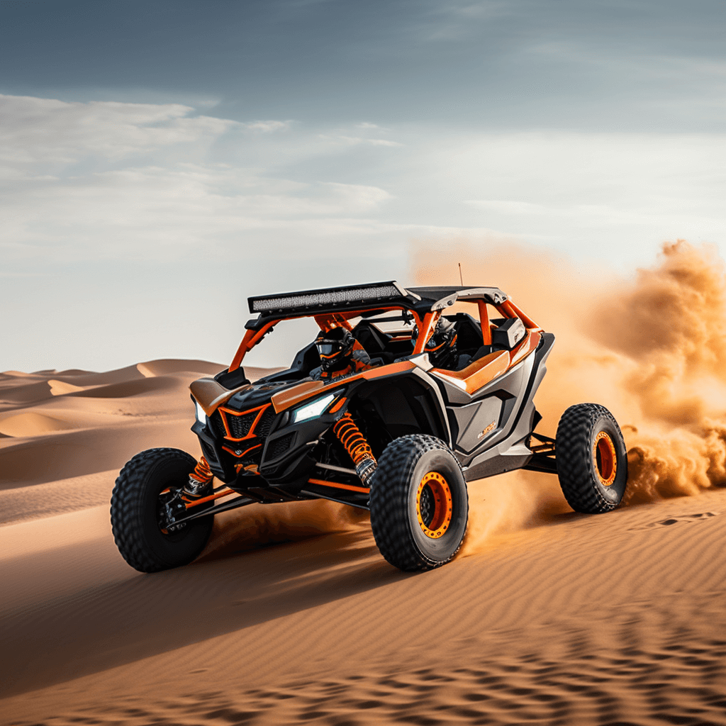 A high definition photograph of a bright orange Can-Am Maverick 4 seater razor driving fast across the desert dunes.