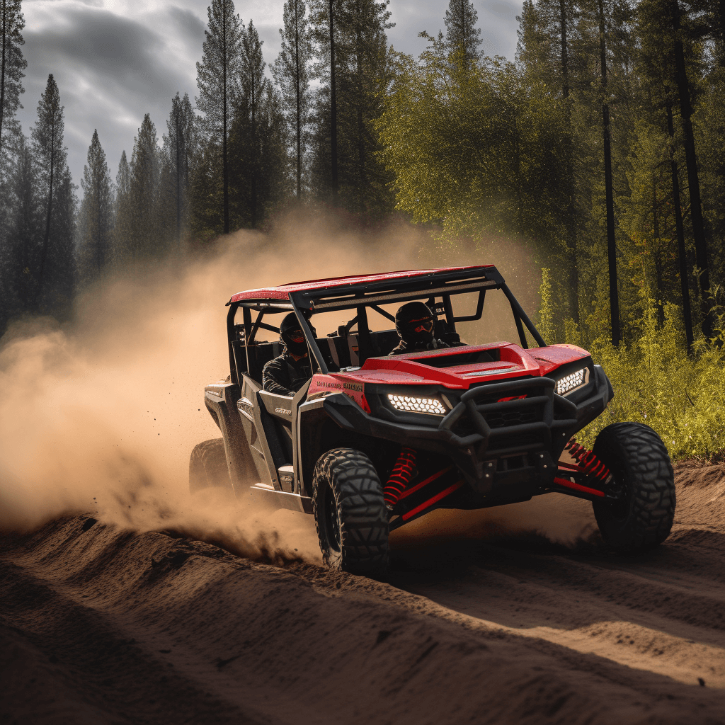 A high resolution advertisement photo of a bright red 2023 5-seat side-by-side utility terrain vehicle driving down a dirt road through a pine forest. 