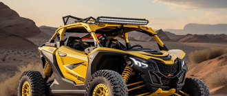 A high resolution photograph of a bright yellow Can-Am Maverick X3 Max X rs Turbo RR 4-seater side-by-side vehicle driving across rugged desert terrain.