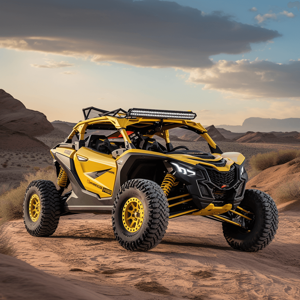 A high resolution photograph of a bright yellow Can-Am Maverick X3 Max X rs Turbo RR 4-seater side-by-side vehicle driving across rugged desert terrain.