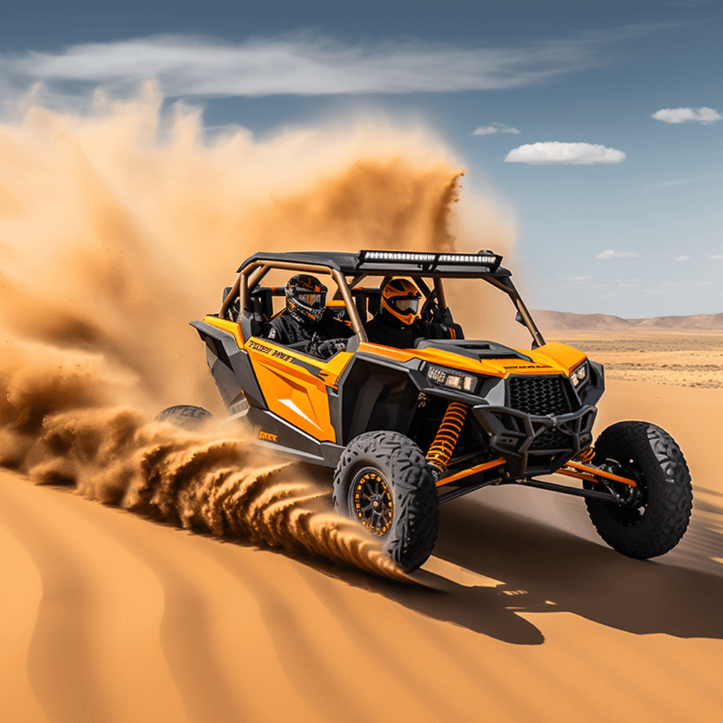 The RZR has four seats, roll cage, cargo area, and large tires for traction.