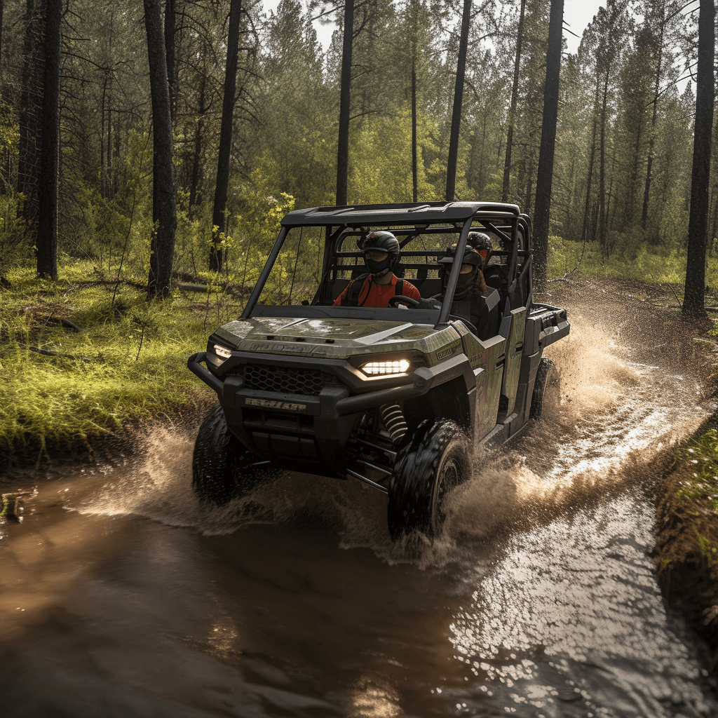 A high resolution photograph of a green 4 seat utility task vehicle (UTV) driving through a shallow stream in a pine forest.