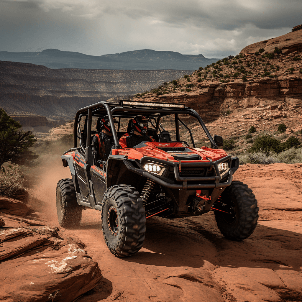 The UTV has four seats with shoulder harnesses, a roll cage, large all-terrain tires, and cargo space in the back.
