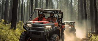 A high resolution photograph of a red 4 seater utility task vehicle (UTV) driving down a dirt road through a pine forest.