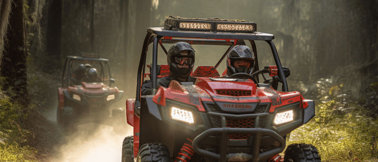 A high resolution photograph of a red 5-seater ATV model AdventureMax 500 driving fast through a dense forest trail.