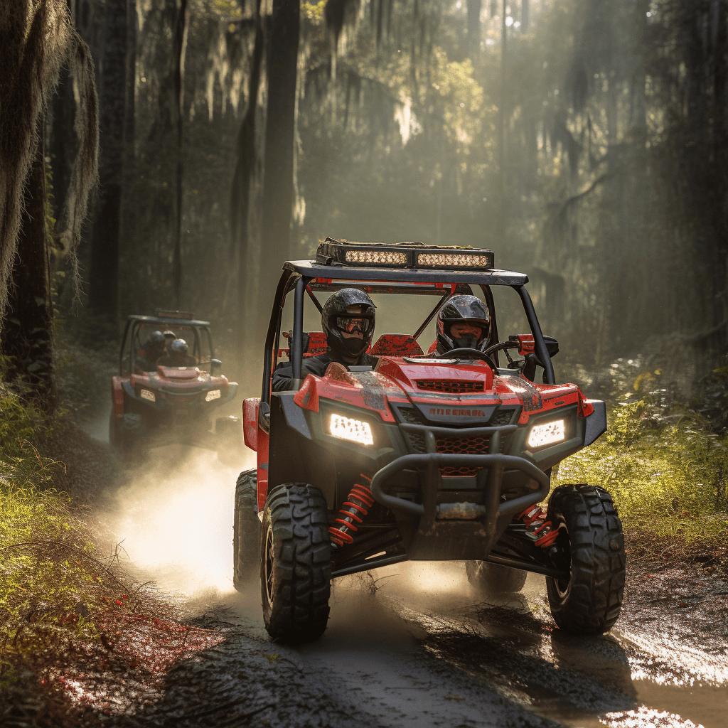 A high resolution photograph of a red 5-seater ATV model AdventureMax 500 driving fast through a dense forest trail.