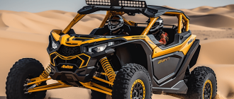 A high resolution photograph of a yellow Can-Am Maverick X3 side-by-side utility vehicle driving fast over sand dunes.