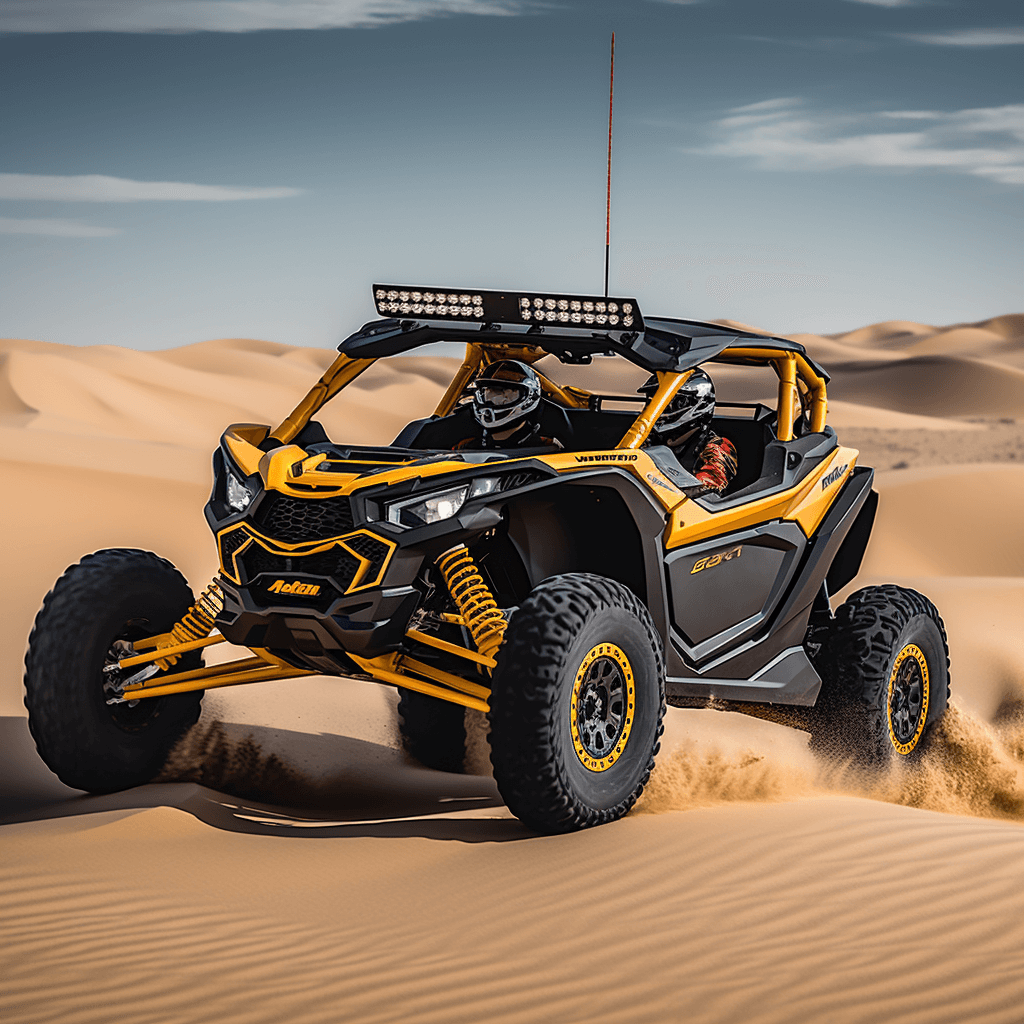 A high resolution photograph of a yellow Can-Am Maverick X3 side-by-side utility vehicle driving fast over sand dunes.