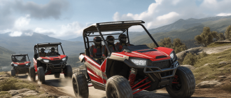 A high resolution, photorealistic image of four different off-road four seater UTV models driving through a rugged natural landscape.