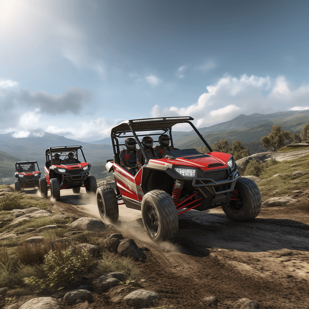 A high resolution, photorealistic image of four different off-road four seater UTV models driving through a rugged natural landscape.