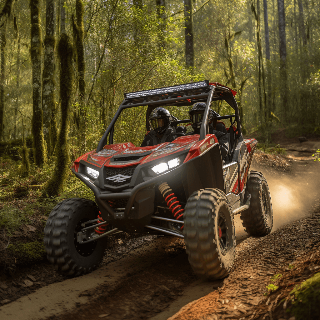 A photograph of a red 4-seater ATV driving down a dirt trail in a lush forest.