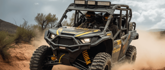 A photograph of a rugged, powerful-looking 4-seater UTV driving across rough terrain