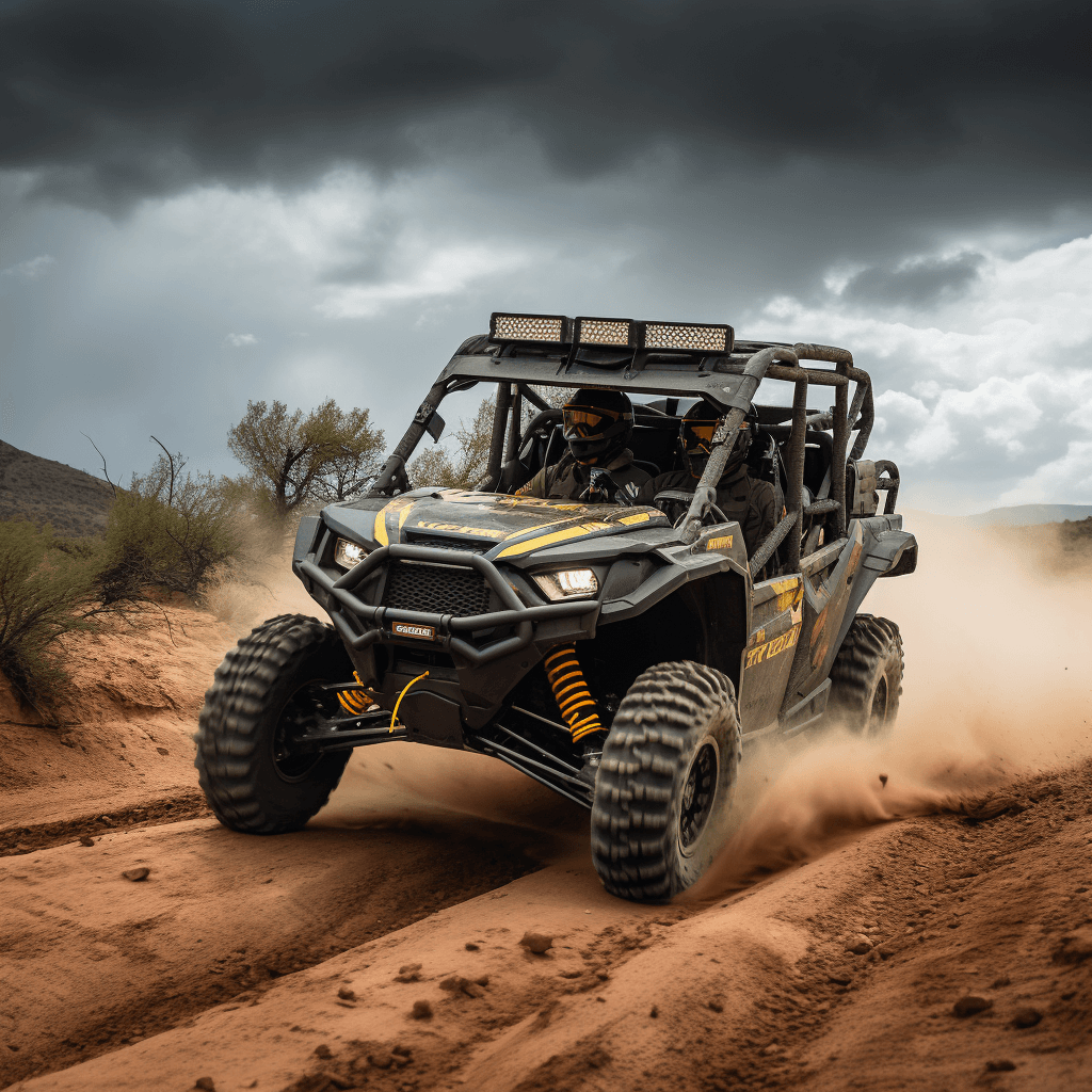 A photograph of a rugged, powerful-looking 4-seater UTV driving across rough terrain