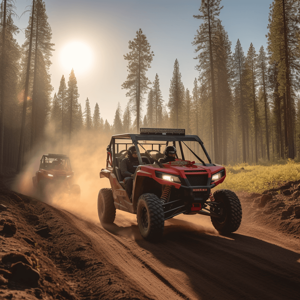 A red 5-seater side-by-side UTV driving down a dirt road through a forest.